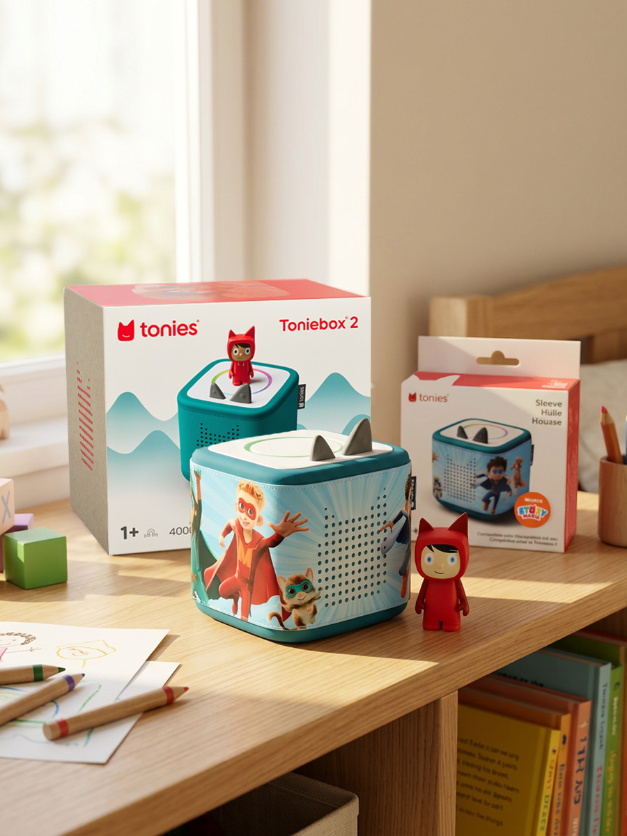 Une Toniebox posée sur une table, avec sa housse et un Tonie Créatif